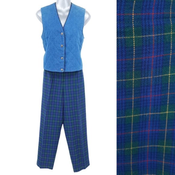 VTG 90s Koret City Blues Quilted Denim Metal Snap Vest Plaid Pants Set Size 8 - Picture 12 of 12